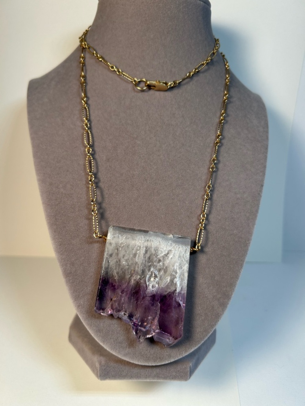 Handcrafted Purple & White Amethyst Slice Pendant Necklace - Gold Chain  34”